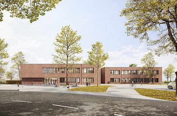 Gesamtansicht der zweigeschossigen Neubaustruktur im Stadtzentrum von Kaarst