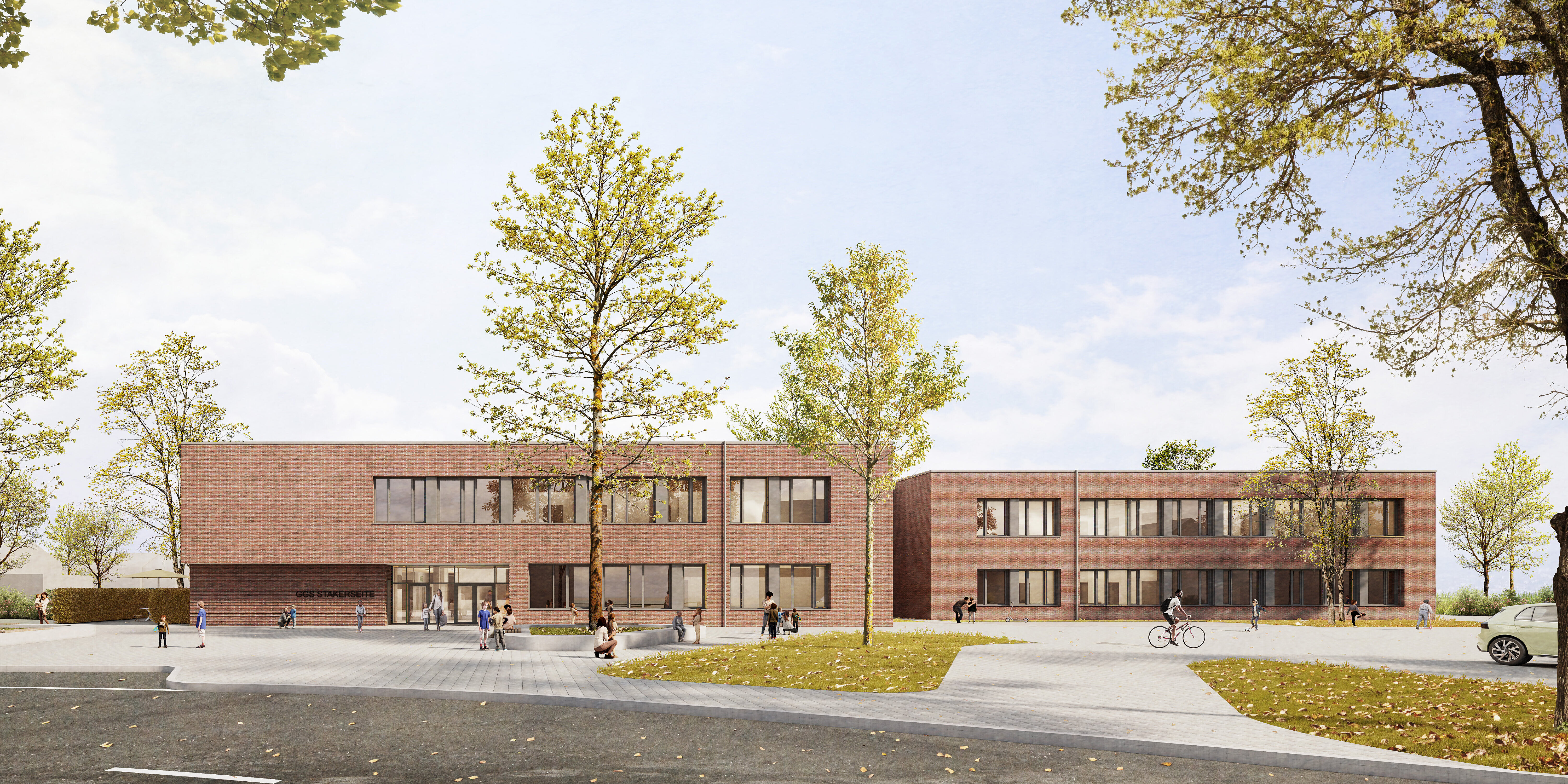 Gesamtansicht der zweigeschossigen Neubaustruktur im Stadtzentrum von Kaarst