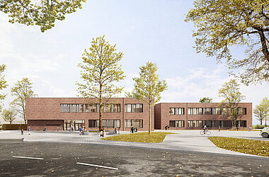 Gesamtansicht der zweigeschossigen Neubaustruktur im Stadtzentrum von Kaarst