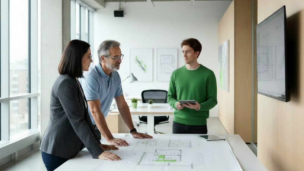 Alternativer Text: Drei Personen stehen vor Plänen am Schreibtisch