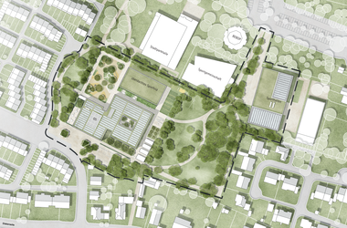 Lageplan des neuen Schulstandorts mit Innenhof, Freiflächen und ergänzenden Nutzungen