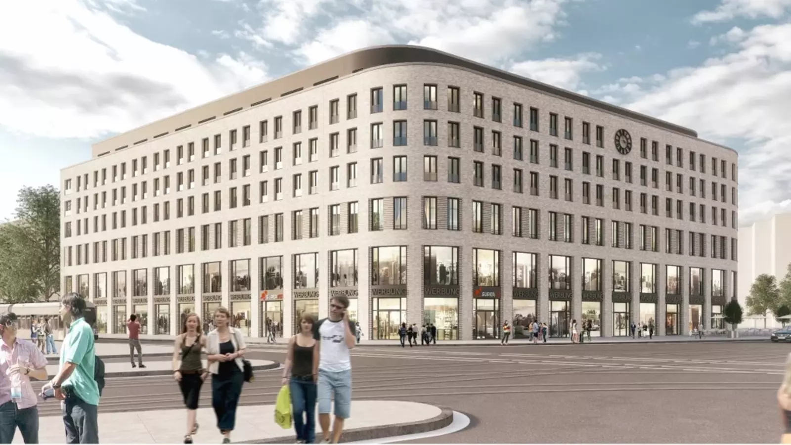 Gebäudeansicht mit Passanten im Vordergrund