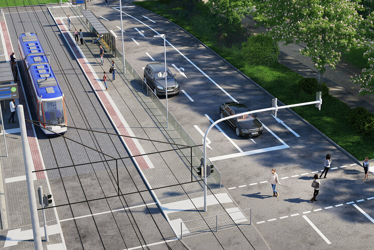 Visualisierte Straße mit Personen, die über die Straße gehen